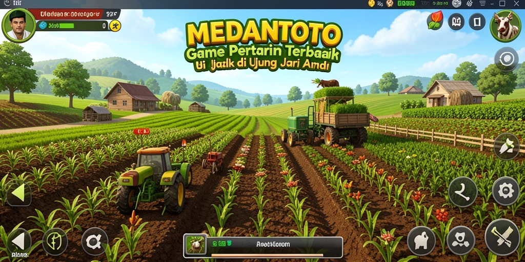 Screenshot gameplay MEDANTOTO menampilkan kebun yang subur dengan berbagai tanaman.